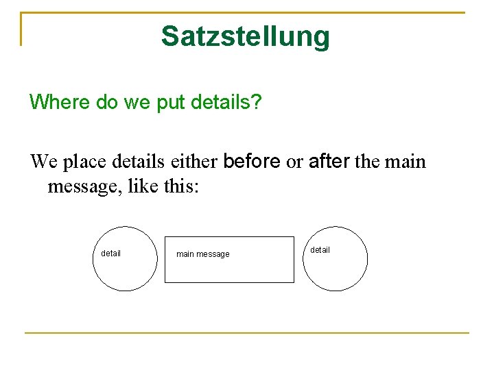 Satzstellung Where do we put details? We place details either before or after the