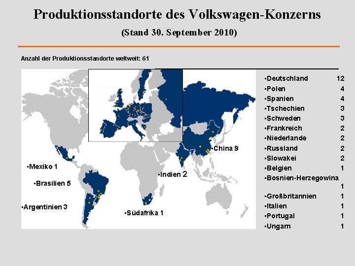 Produktionsstandorte des Volkswagen-Konzerns (Stand 30. September 2010) Anzahl der Produktionsstandorte weltweit: 61 • China