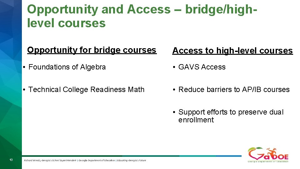 Opportunity and Access – bridge/highlevel courses Opportunity for bridge courses Access to high-level courses