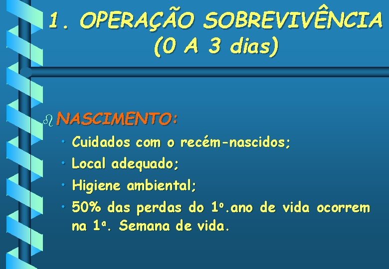 1. OPERAÇÃO SOBREVIVÊNCIA (0 A 3 dias) b NASCIMENTO: • Cuidados com o recém-nascidos;