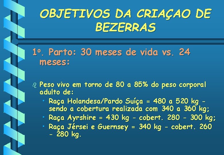 OBJETIVOS DA CRIAÇAO DE BEZERRAS 1 o. Parto: 30 meses de vida vs. 24