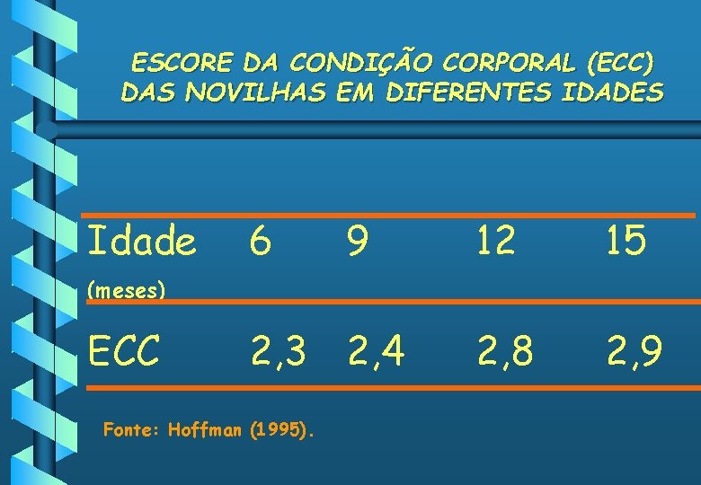 ESCORE DA CONDIÇÃO CORPORAL (ECC) DAS NOVILHAS EM DIFERENTES IDADES Idade 6 9 12