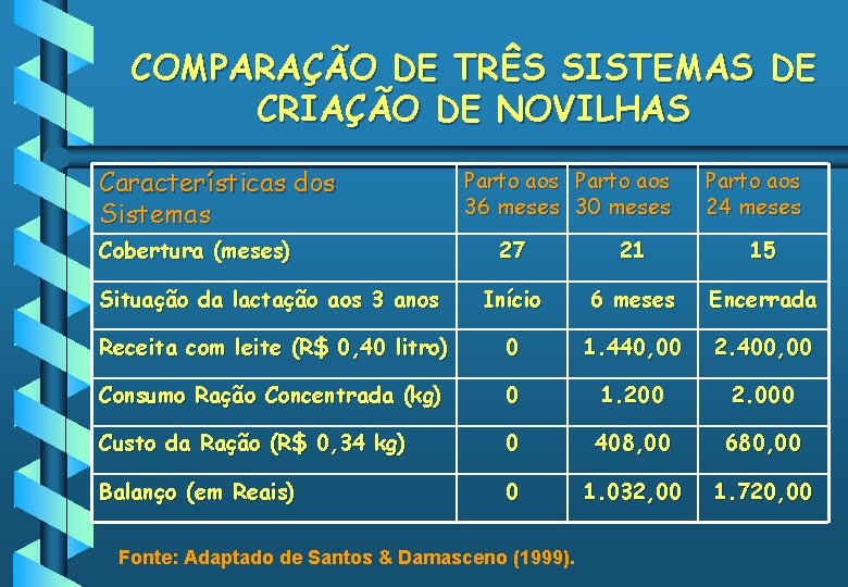 COMPARAÇÃO DE TRÊS SISTEMAS DE CRIAÇÃO DE NOVILHAS Características dos Sistemas Cobertura (meses) Parto