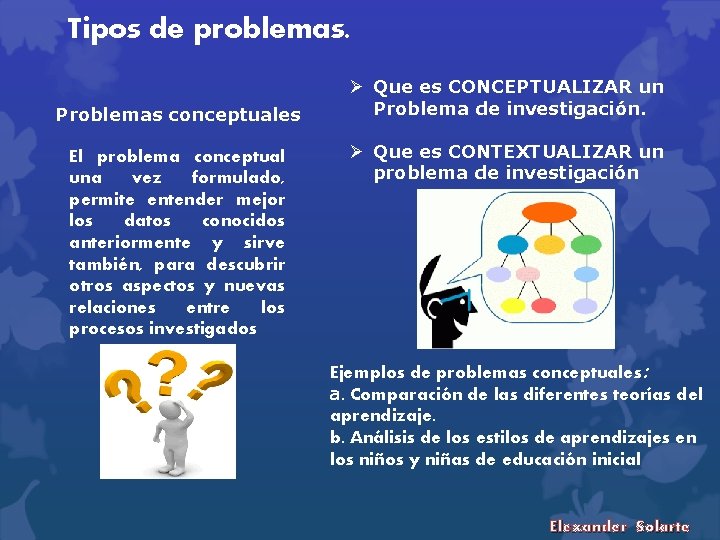 Tipos de problemas. Problemas conceptuales El problema conceptual una vez formulado, permite entender mejor