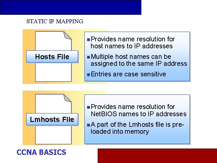 STATIC IP MAPPING n Provides name resolution for host names to IP addresses Hosts