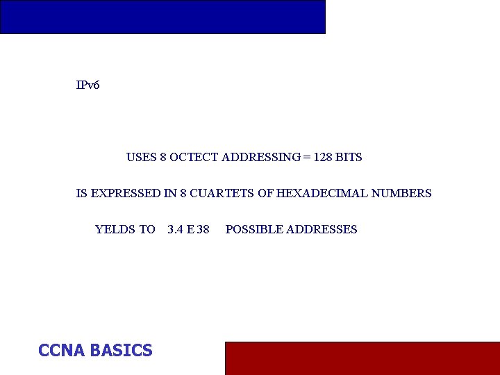 IPv 6 USES 8 OCTECT ADDRESSING = 128 BITS IS EXPRESSED IN 8 CUARTETS