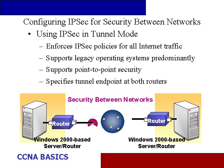 Configuring IPSec for Security Between Networks • Using IPSec in Tunnel Mode – Enforces