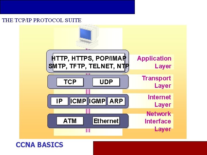 THE TCP/IP PROTOCOL SUITE HTTP, HTTPS, POP/IMAP Application Layer SMTP, TFTP, TELNET, NTP Transport