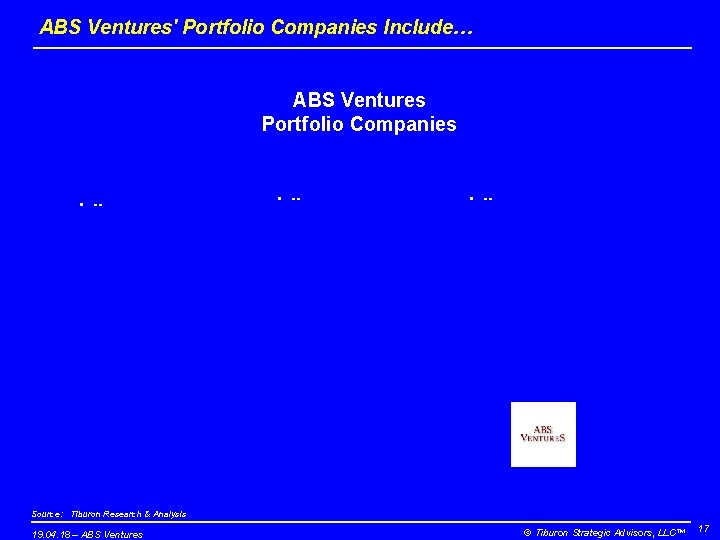 ABS Ventures' Portfolio Companies Include… ABS Ventures Portfolio Companies • -- Source: Tiburon Research