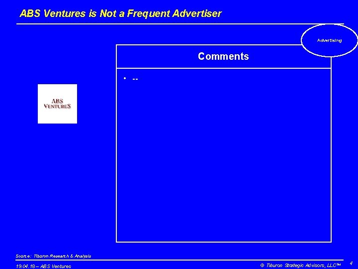 ABS Ventures is Not a Frequent Advertiser Advertising Comments • -- Source: Tiburon Research