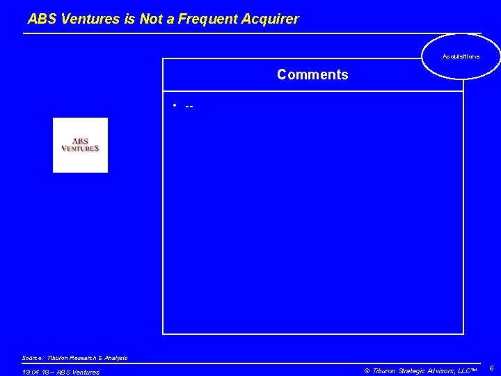 ABS Ventures is Not a Frequent Acquirer Acquisitions Comments • -- Source: Tiburon Research