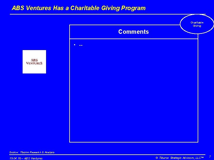 ABS Ventures Has a Charitable Giving Program Charitable Giving Comments • -- Source: Tiburon