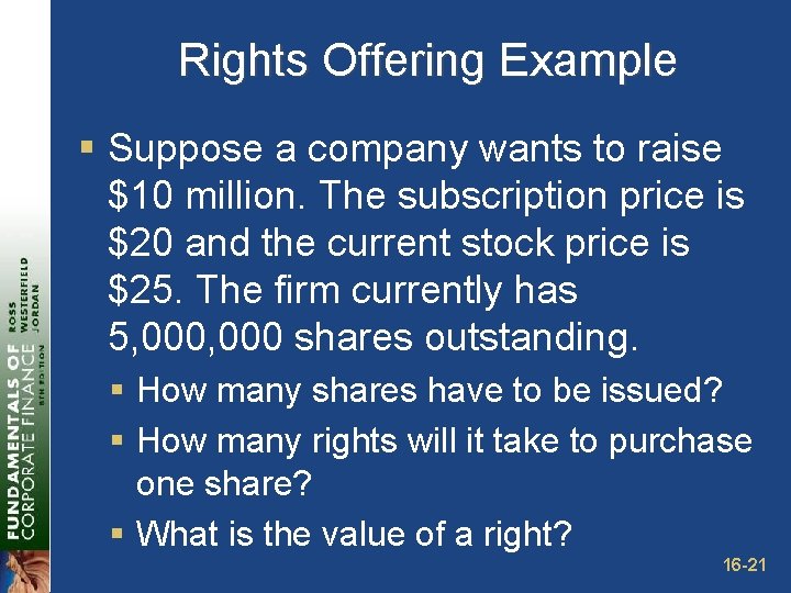 Rights Offering Example § Suppose a company wants to raise $10 million. The subscription