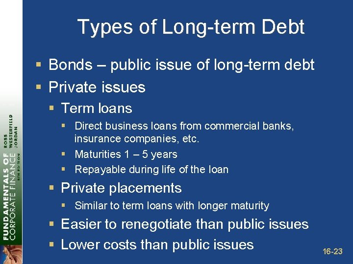 Types of Long-term Debt § Bonds – public issue of long-term debt § Private