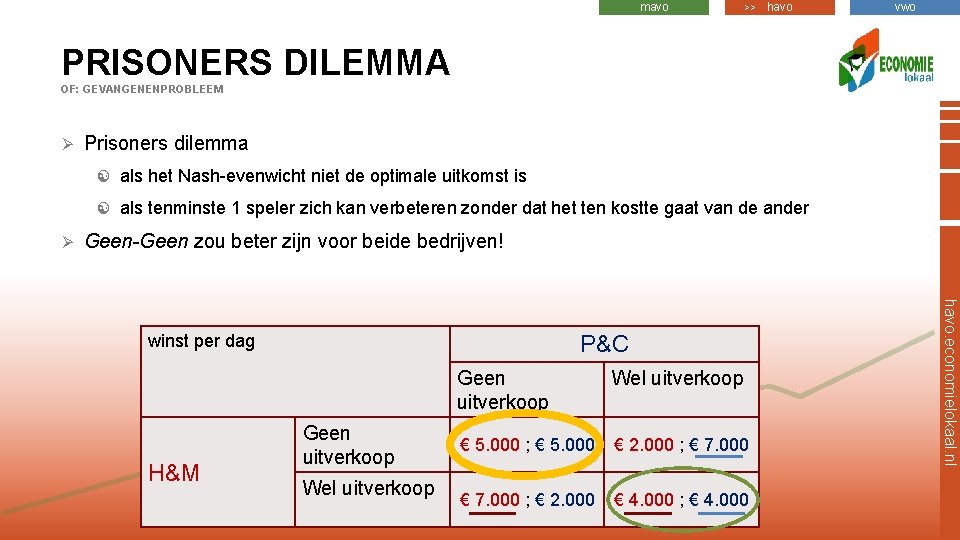 mavo >> havo vwo PRISONERS DILEMMA OF: GEVANGENENPROBLEEM Ø Ø Prisoners dilemma als het