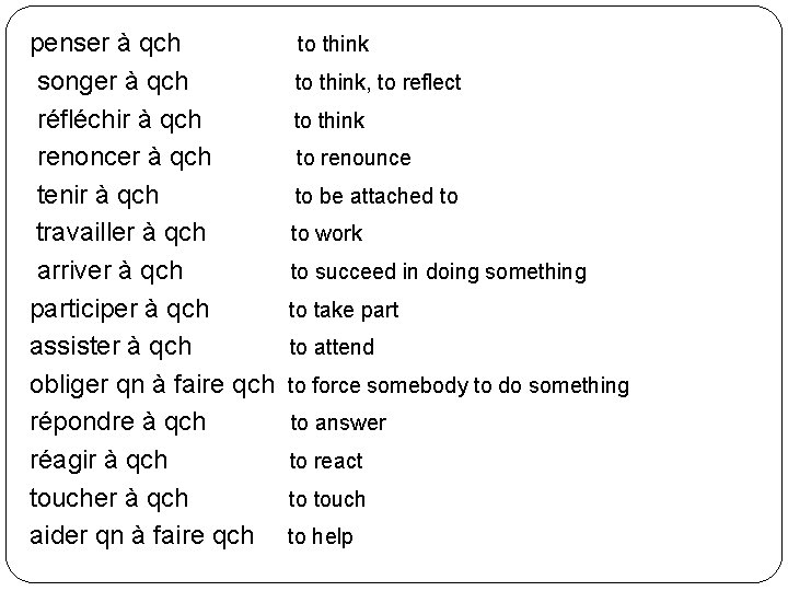 penser à qch songer à qch réfléchir à qch renoncer à qch tenir à