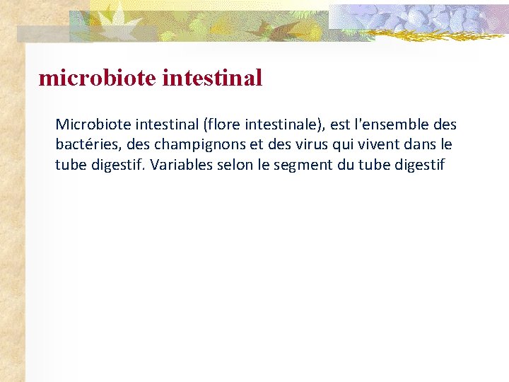 microbiote intestinal Microbiote intestinal (flore intestinale), est l'ensemble des bactéries, des champignons et des