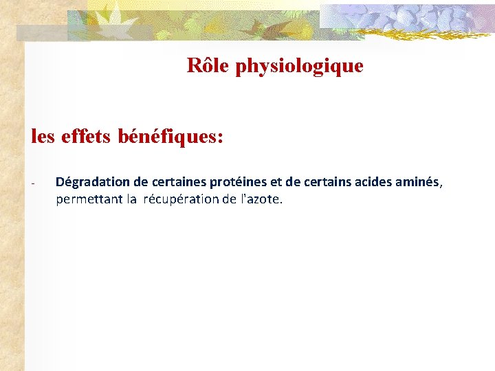 Rôle physiologique les effets bénéfiques: - Dégradation de certaines protéines et de certains acides
