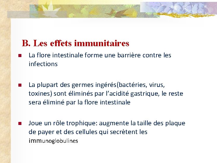 B. Les effets immunitaires n La flore intestinale forme une barrière contre les infections