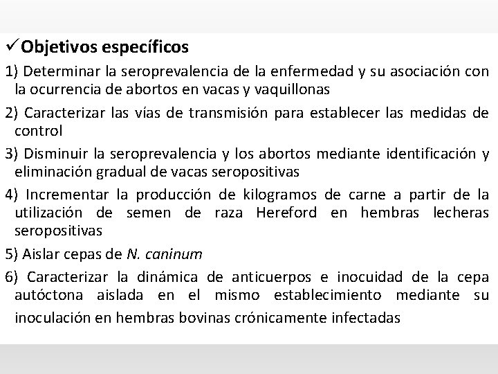 üObjetivos específicos 1) Determinar la seroprevalencia de la enfermedad y su asociación con la
