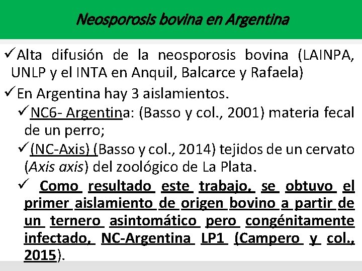Neosporosis bovina en Argentina üAlta difusión de la neosporosis bovina (LAINPA, UNLP y el