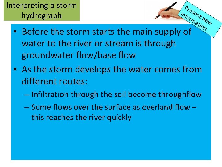 Interpreting a storm hydrograph • Before the storm starts the main supply of water Interpreting a storm hydrograph • Before the storm starts the main supply of water