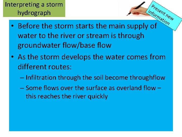 Interpreting a storm hydrograph • Before the storm starts the main supply of water