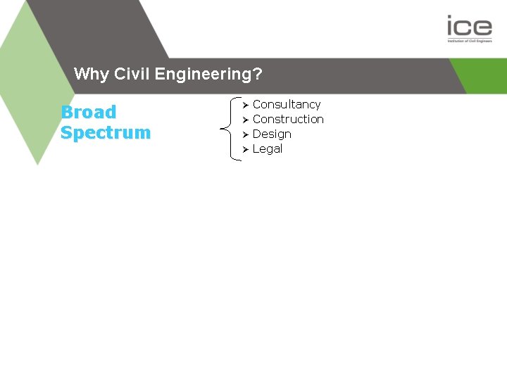 Why Civil Engineering? Broad Spectrum Ø Ø Consultancy Construction Design Legal 