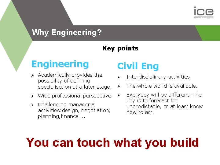 Why Engineering? Key points Engineering Ø Academically provides the possibility of defining specialisation at