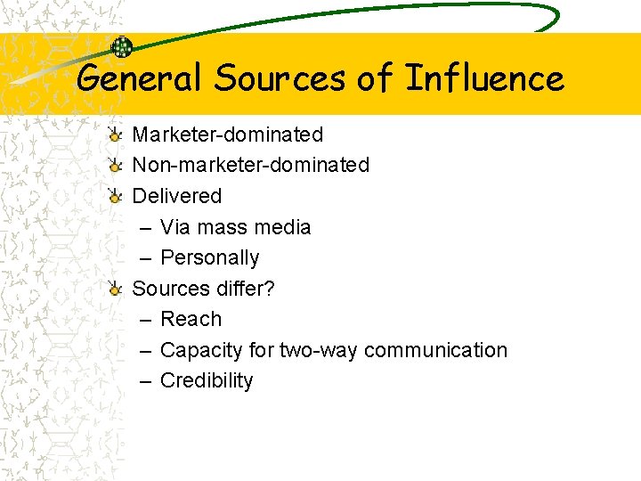 General Sources of Influence Marketer-dominated Non-marketer-dominated Delivered – Via mass media – Personally Sources