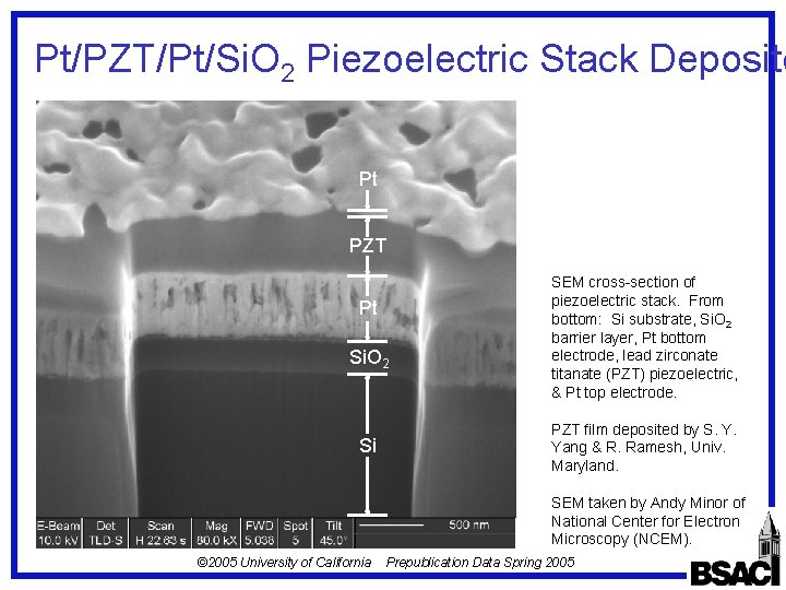 Pt/PZT/Pt/Si. O 2 Piezoelectric Stack Deposite Pt PZT Pt Si. O 2 Si SEM