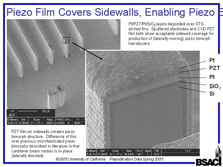 Piezo Film Covers Sidewalls, Enabling Piezo B Pt/PZT/Pt/Si. O 2 layers deposited over STSetched