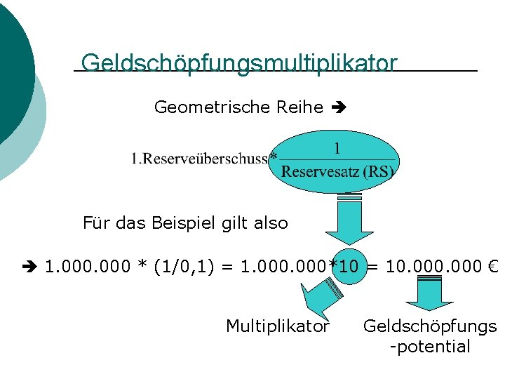 Geldschöpfungsmultiplikator Geometrische Reihe Für das Beispiel gilt also 1. 000 * (1/0, 1) =