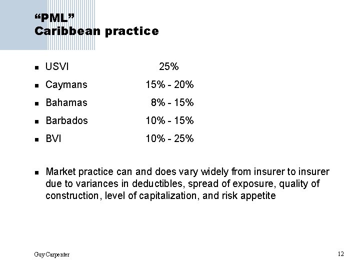 “PML” Caribbean practice n USVI n Caymans 15% - 20% n Bahamas 8% -