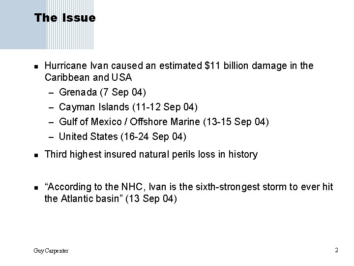 The Issue n Hurricane Ivan caused an estimated $11 billion damage in the Caribbean