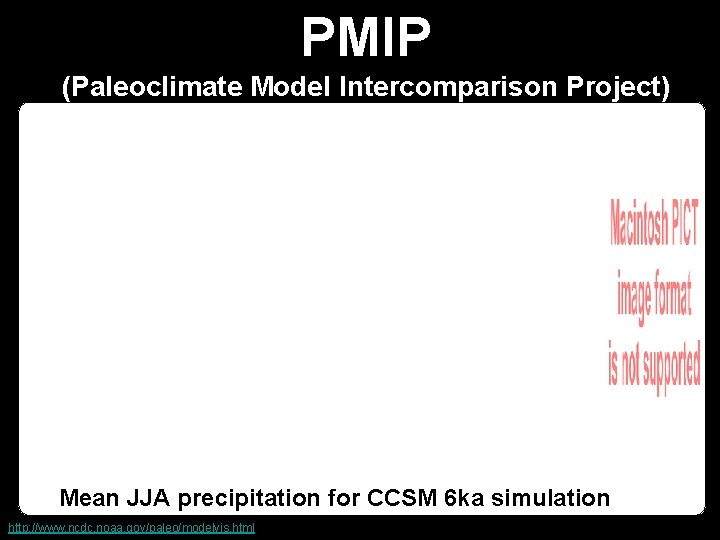 PMIP (Paleoclimate Model Intercomparison Project) Mean JJA precipitation for CCSM 6 ka simulation http: