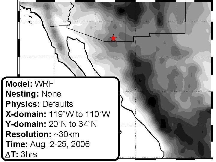 Model: WRF Nesting: None Physics: Defaults X-domain: 119˚W to 110˚W Y-domain: 20˚N to 34˚N