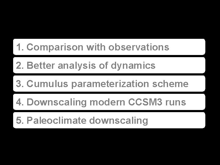 1. Comparison with observations 2. Better analysis of dynamics 3. Cumulus parameterization scheme 4.