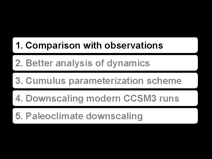 1. Comparison with observations 2. Better analysis of dynamics 3. Cumulus parameterization scheme 4.