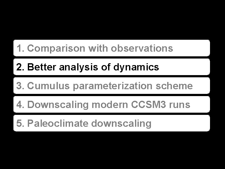 1. Comparison with observations 2. Better analysis of dynamics 3. Cumulus parameterization scheme 4.