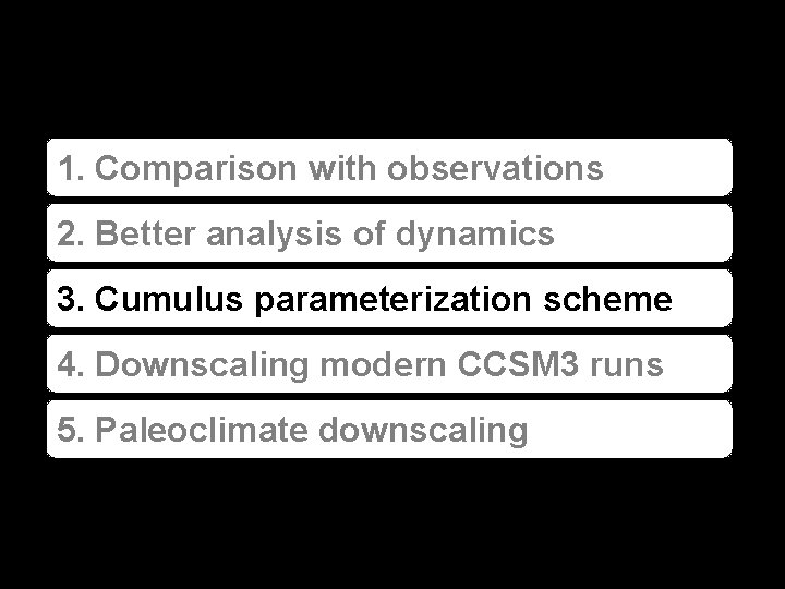 1. Comparison with observations 2. Better analysis of dynamics 3. Cumulus parameterization scheme 4.