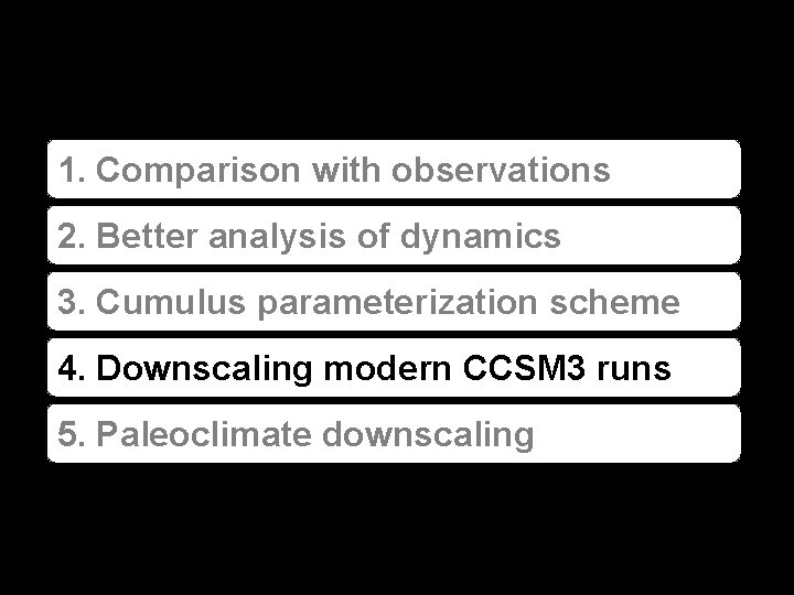 1. Comparison with observations 2. Better analysis of dynamics 3. Cumulus parameterization scheme 4.