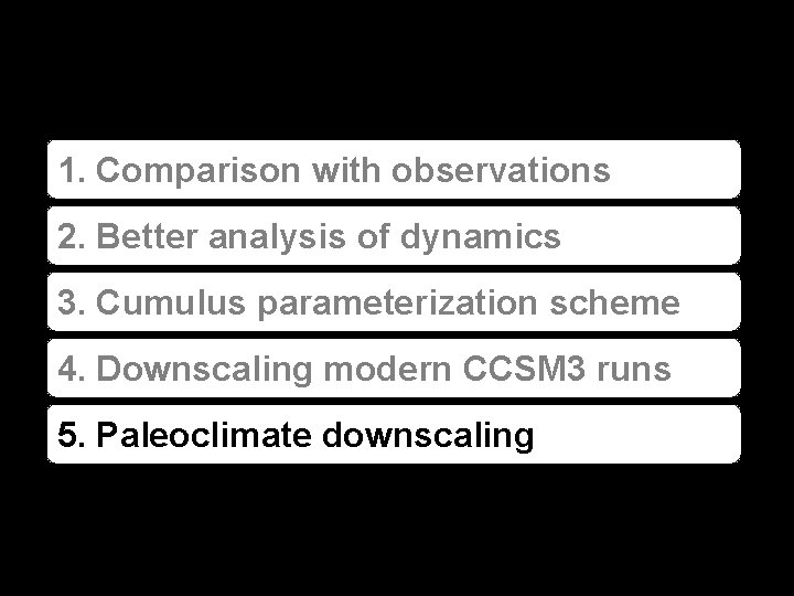 1. Comparison with observations 2. Better analysis of dynamics 3. Cumulus parameterization scheme 4.