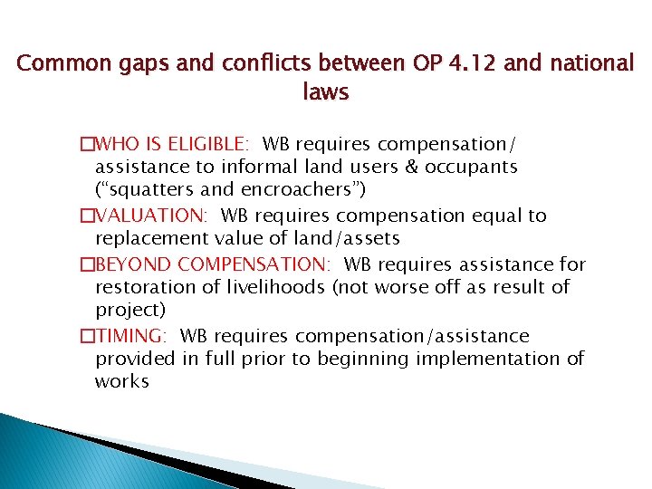 Common gaps and conflicts between OP 4. 12 and national laws �WHO IS ELIGIBLE: