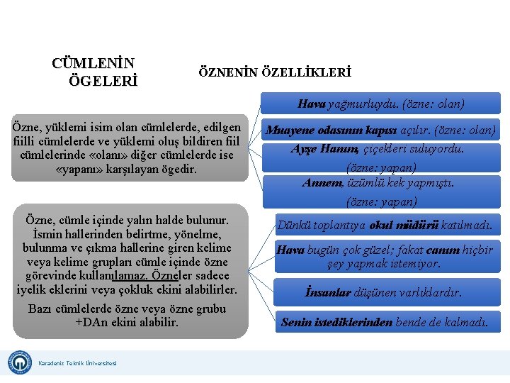 CÜMLENİN ÖGELERİ ÖZNENİN ÖZELLİKLERİ Hava yağmurluydu. (özne: olan) Özne, yüklemi isim olan cümlelerde, edilgen CÜMLENİN ÖGELERİ ÖZNENİN ÖZELLİKLERİ Hava yağmurluydu. (özne: olan) Özne, yüklemi isim olan cümlelerde, edilgen