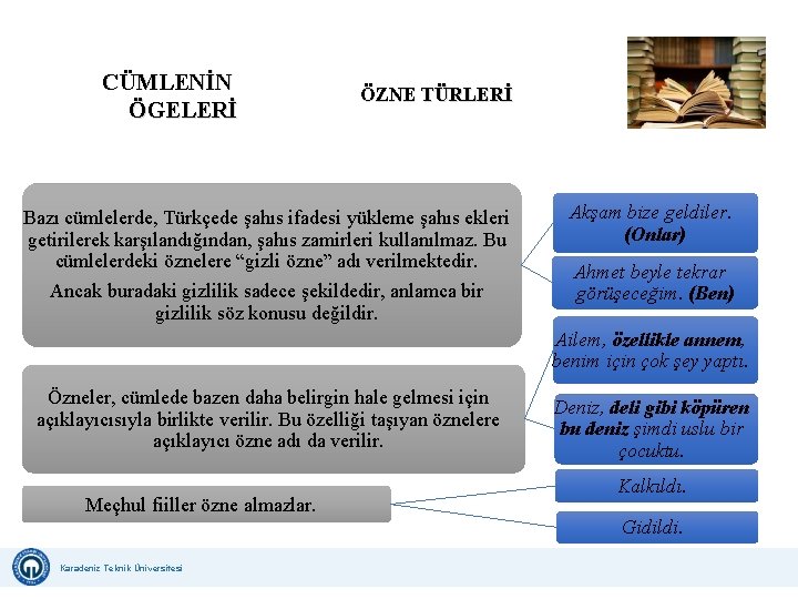 CÜMLENİN ÖGELERİ ÖZNE TÜRLERİ Bazı cümlelerde, Türkçede şahıs ifadesi yükleme şahıs ekleri getirilerek karşılandığından, CÜMLENİN ÖGELERİ ÖZNE TÜRLERİ Bazı cümlelerde, Türkçede şahıs ifadesi yükleme şahıs ekleri getirilerek karşılandığından,