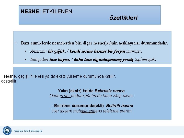 NESNE: ETKİLENEN özellikleri • Bazı cümlelerde nesnelerden biri diğer nesne(ler)nin açıklayıcısı durumundadır. • Anzısızın NESNE: ETKİLENEN özellikleri • Bazı cümlelerde nesnelerden biri diğer nesne(ler)nin açıklayıcısı durumundadır. • Anzısızın
