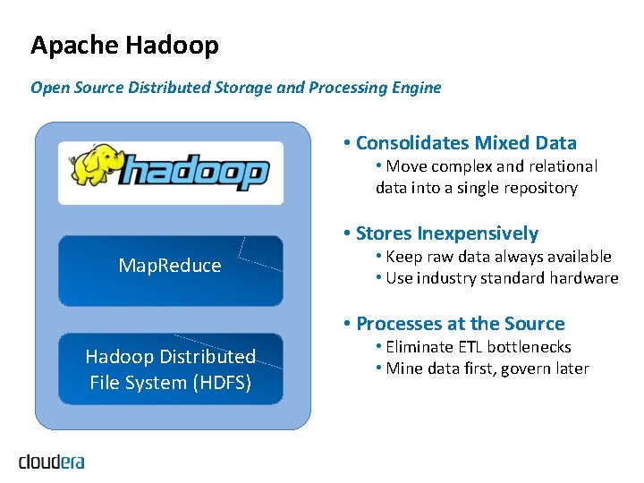 Apache Hadoop Open Source Distributed Storage and Processing Engine • Consolidates Mixed Data •