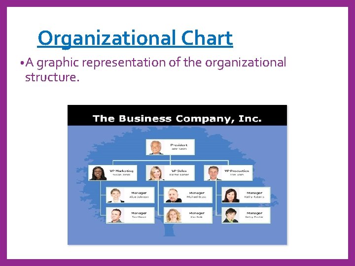 Organizational Chart • A graphic representation of the organizational structure. 