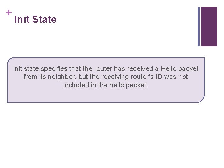 + Init State Init state specifies that the router has received a Hello packet